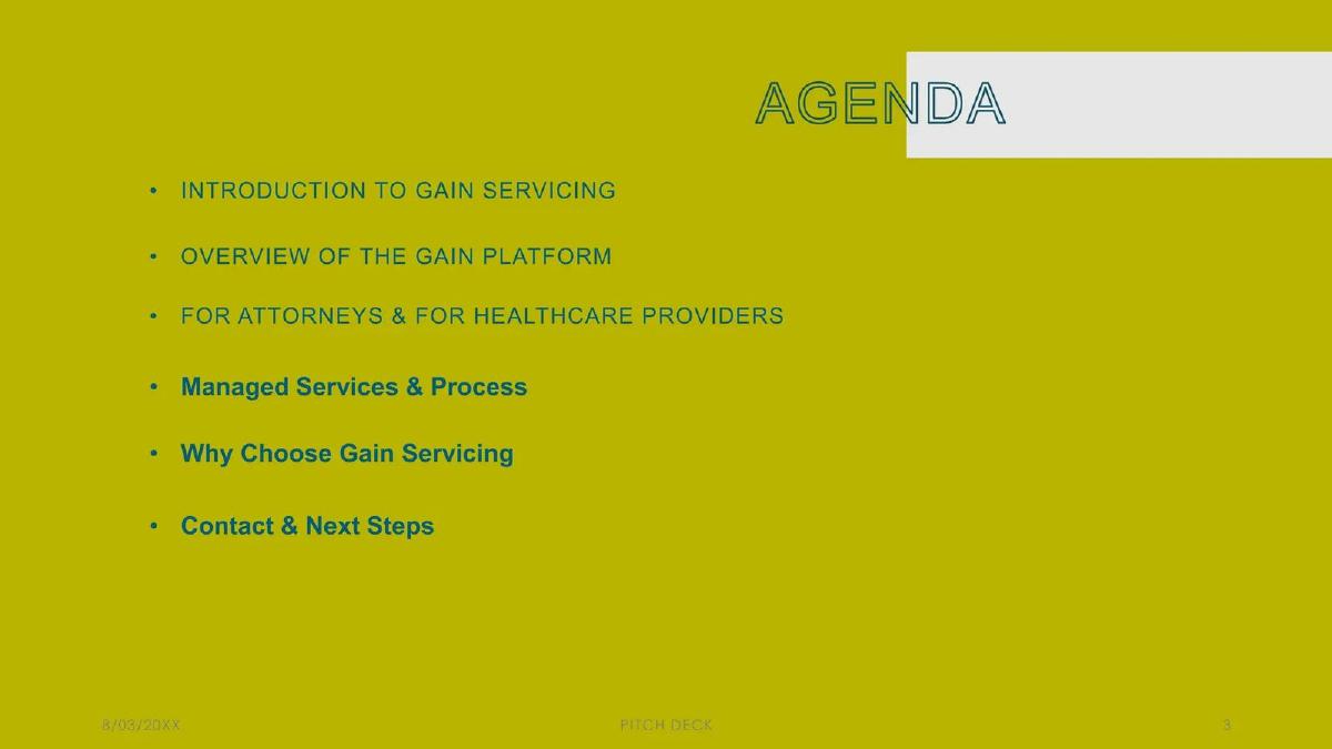 Gain Servicing pitch deck slide 3 of 11