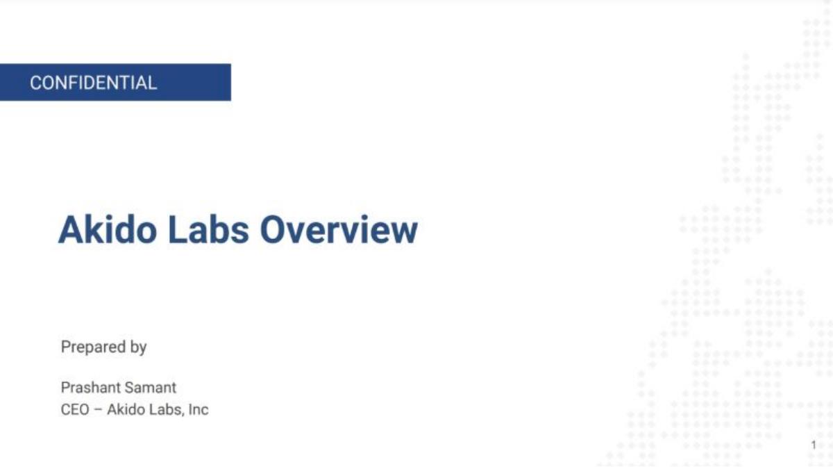 Akido Labs pitch deck slide 1 of 13
