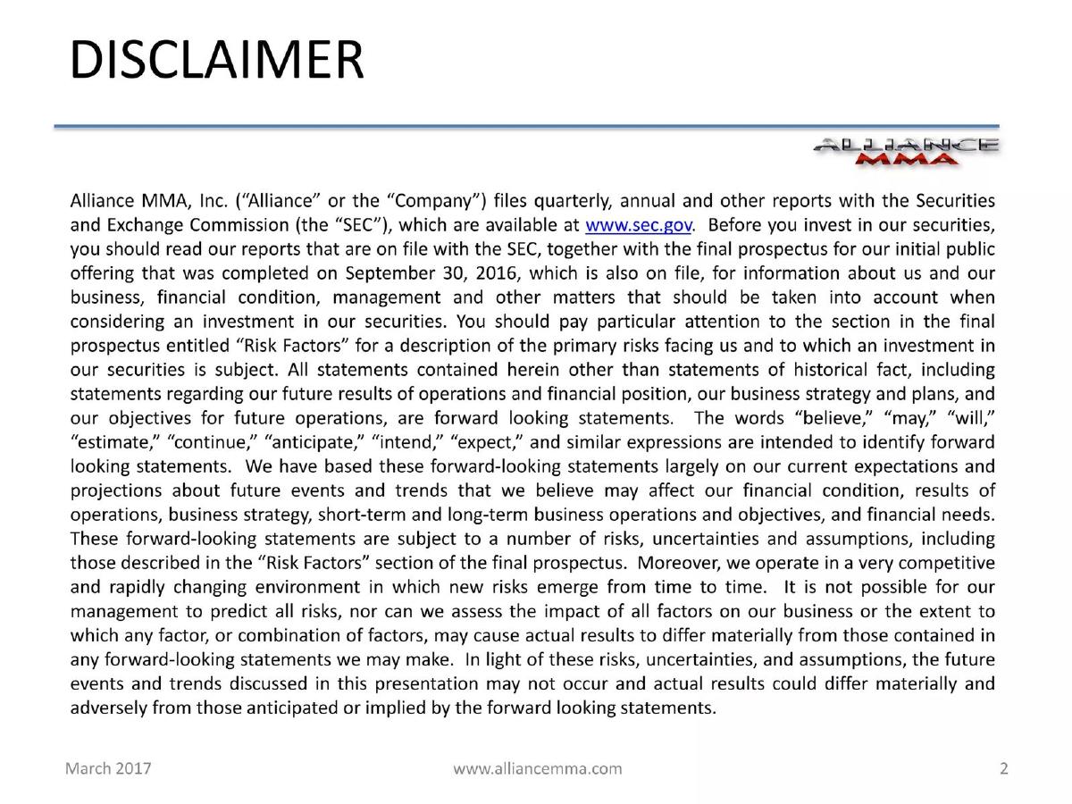 Alliance MMA, Inc. pitch deck slide 2 of 17