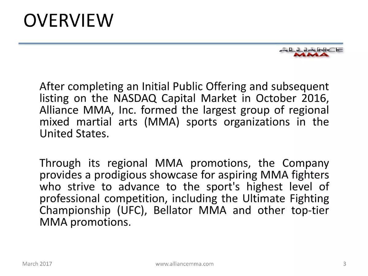 Alliance MMA, Inc. pitch deck slide 3 of 17
