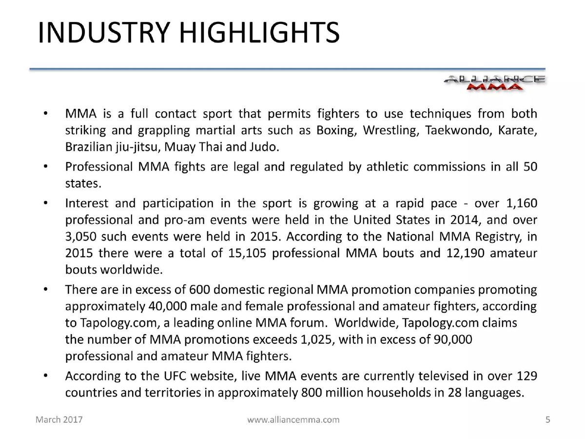 Alliance MMA, Inc. pitch deck slide 5 of 17