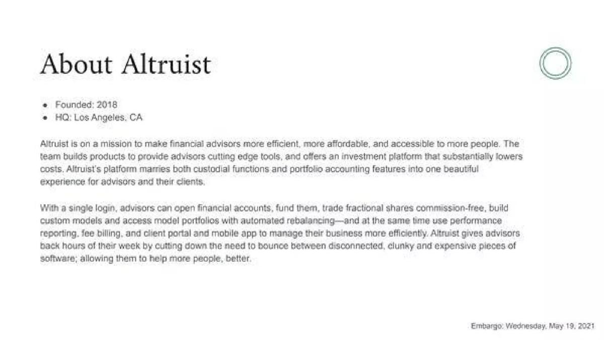 Altruist pitch deck slide 6 of 10