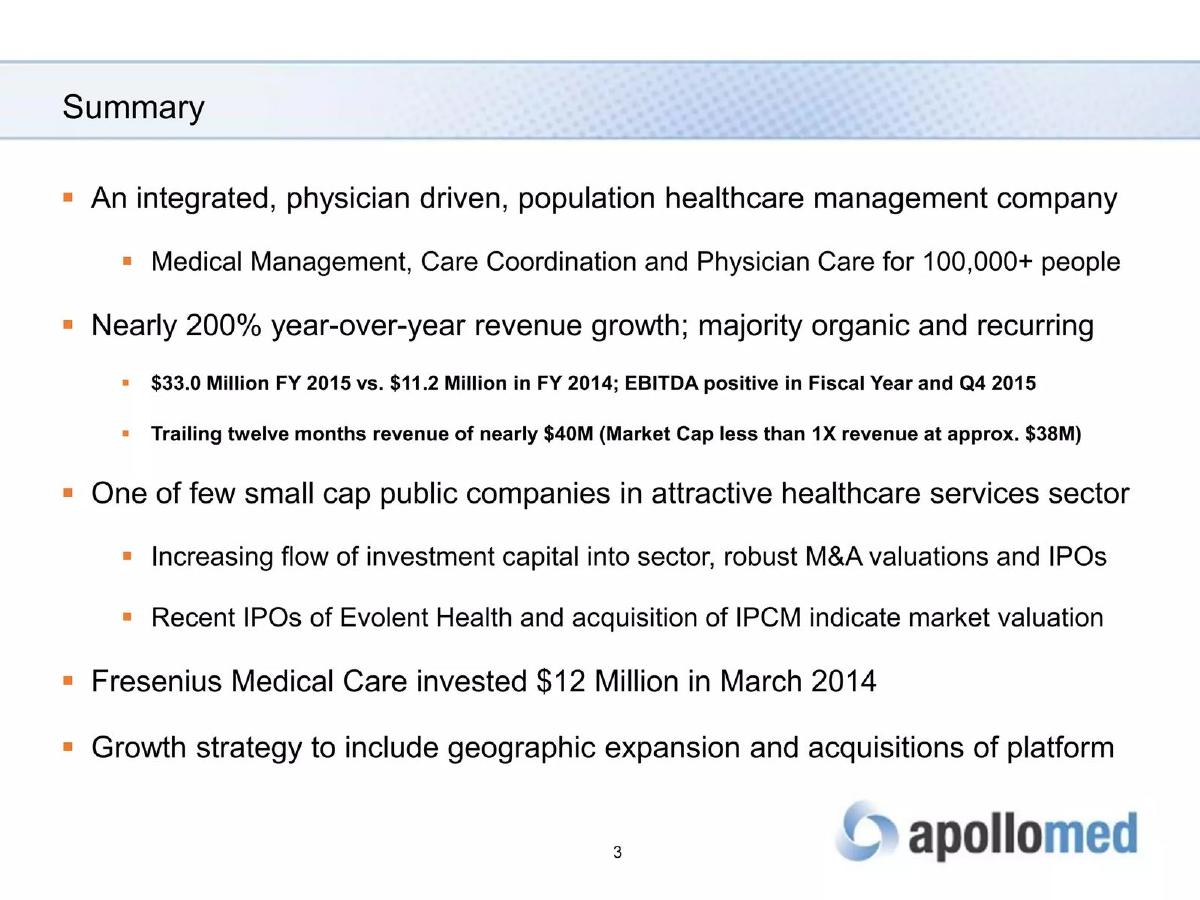 Apollo Medical Holdings, Inc. pitch deck slide 3 of 22