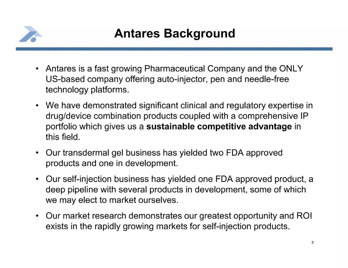 Antares Pharma pitch deck slide 3 of 23