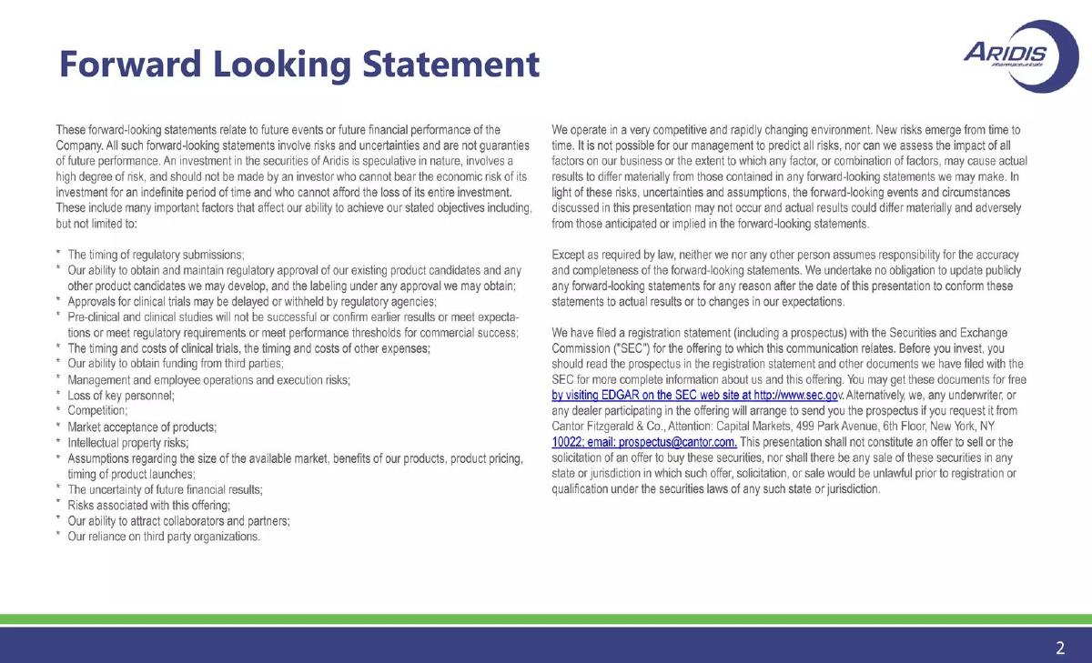 Aridis Pharmaceuticals pitch deck slide 2 of 30