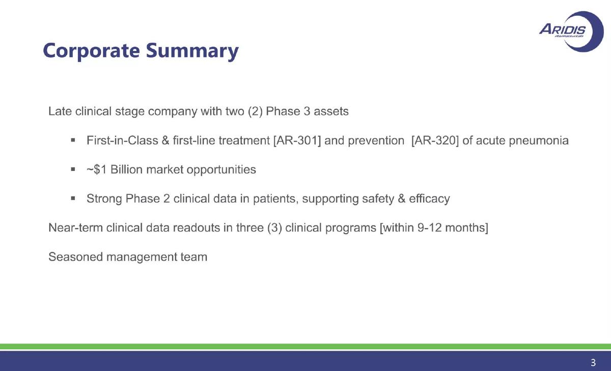Aridis Pharmaceuticals pitch deck slide 3 of 30