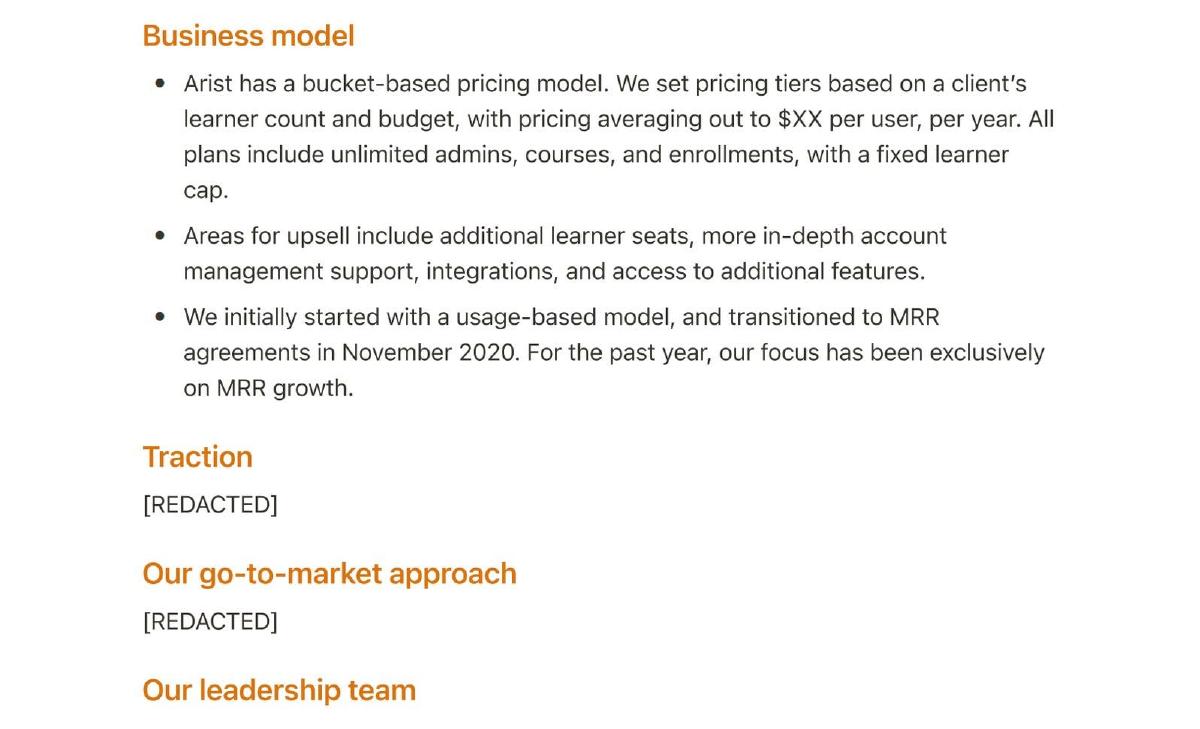 Arist pitch deck Usage-based pricing slide 17