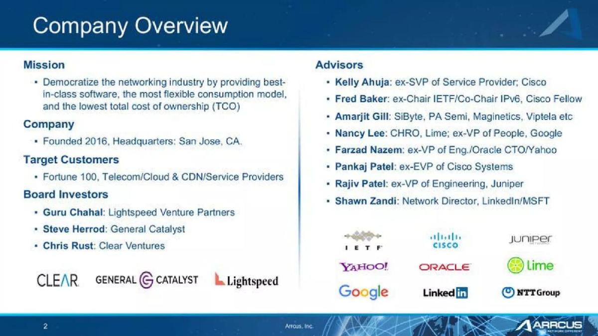Arrcus pitch deck slide 2 of 10