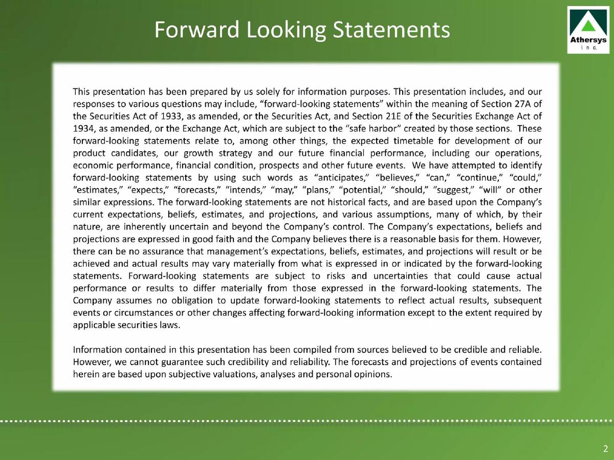 Athersys, Inc. pitch deck slide 2 of 32