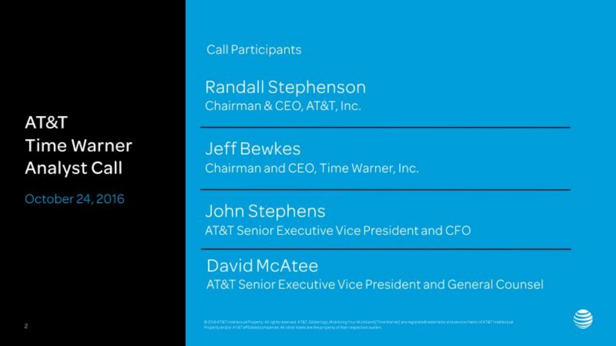 AT&T × Time Warner pitch deck slide 2 of 13
