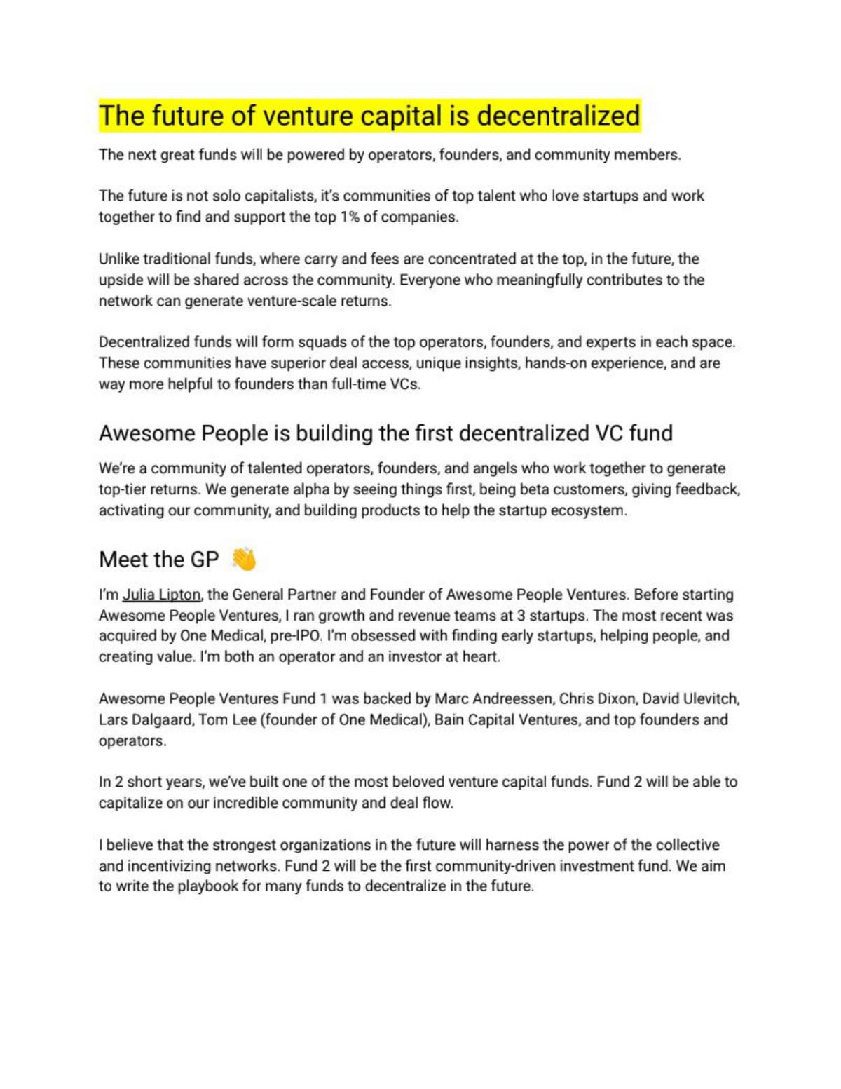 Awesome People Ventures Fund 2 pitch deck slide 2 of 8