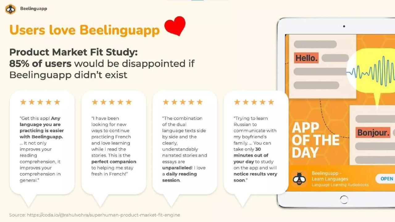 Beelinguapp pitch deck Product-market fit survey slide slide 8