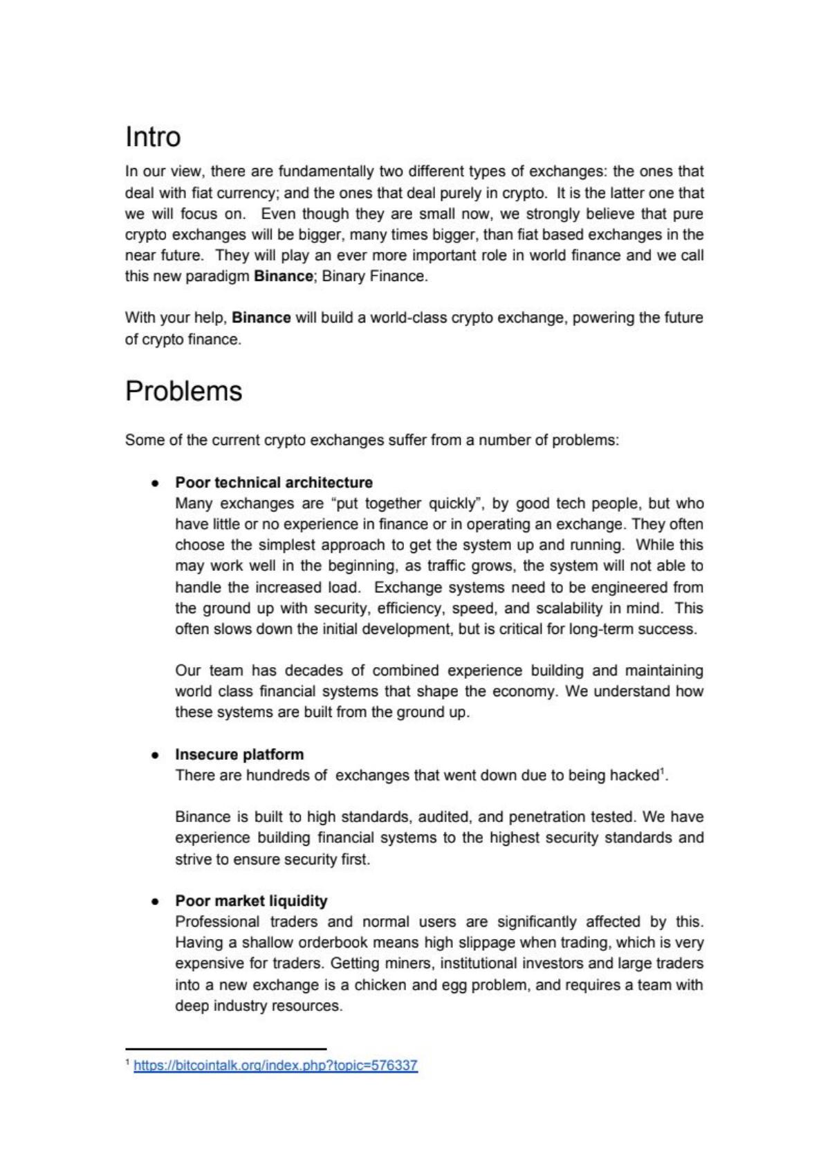 Binance pitch deck slide 3 of 17