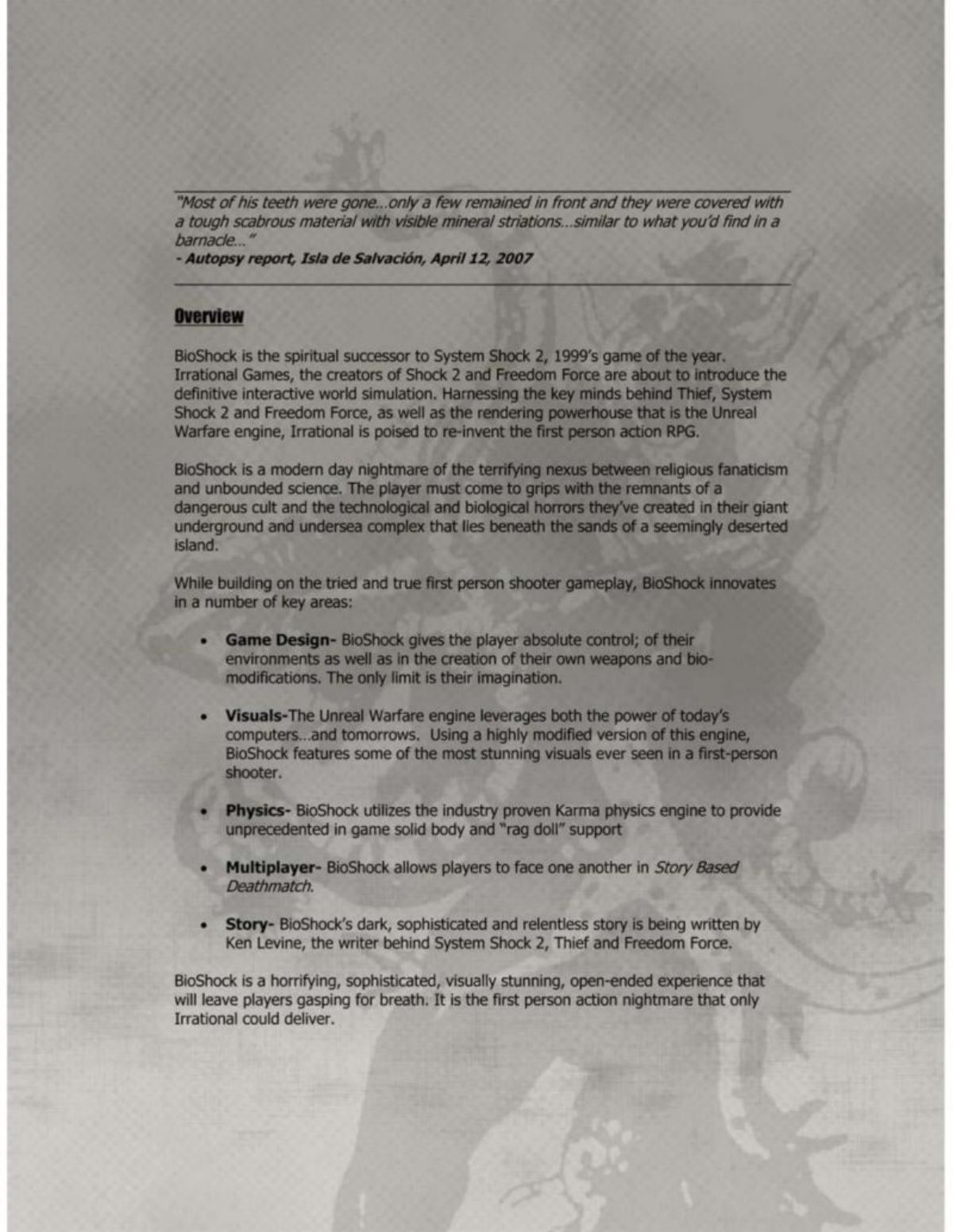 Bioshock (Irrational Games) pitch deck slide 4 of 10