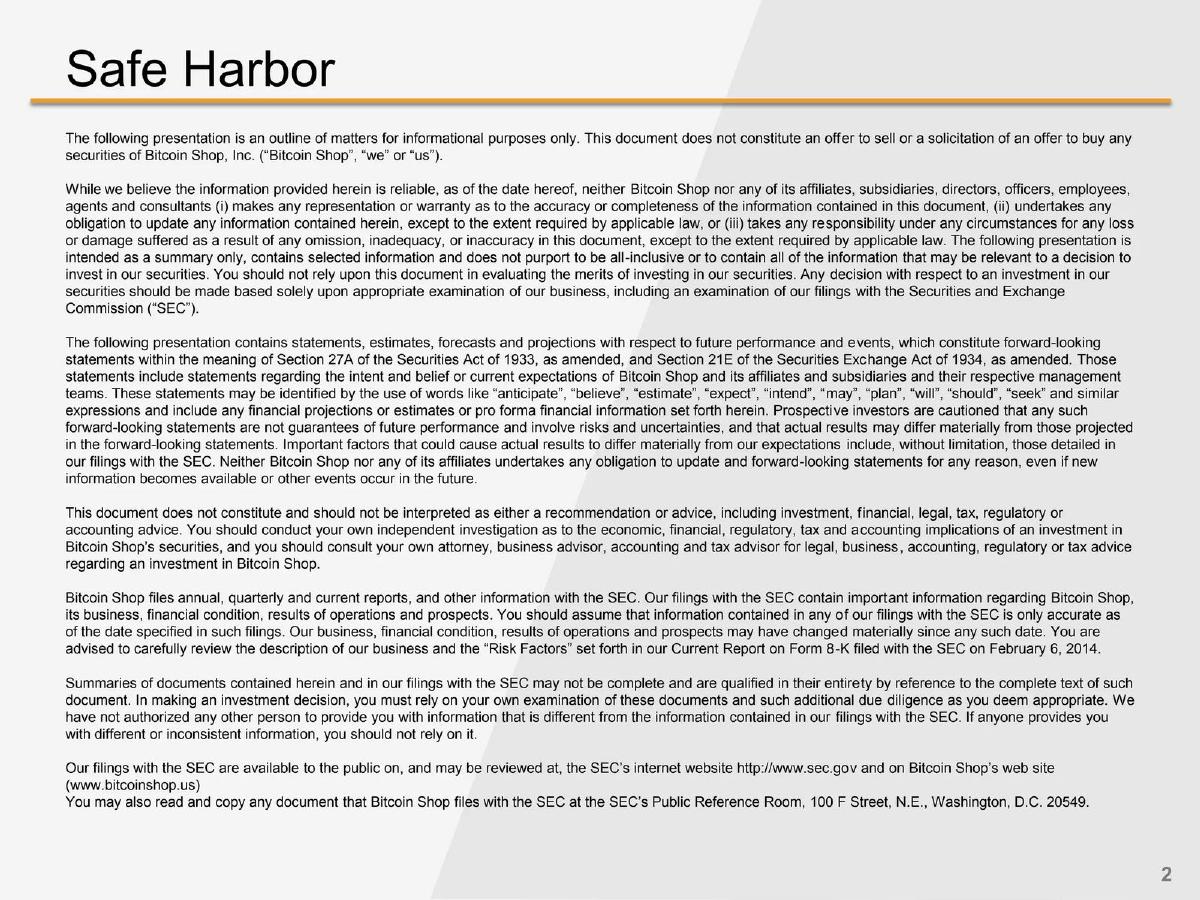 Bitcoin Shop, Inc. (now BTCS) pitch deck slide 2 of 20