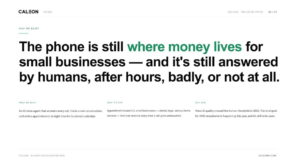 Caleon AI pitch deck slide 2 of 21