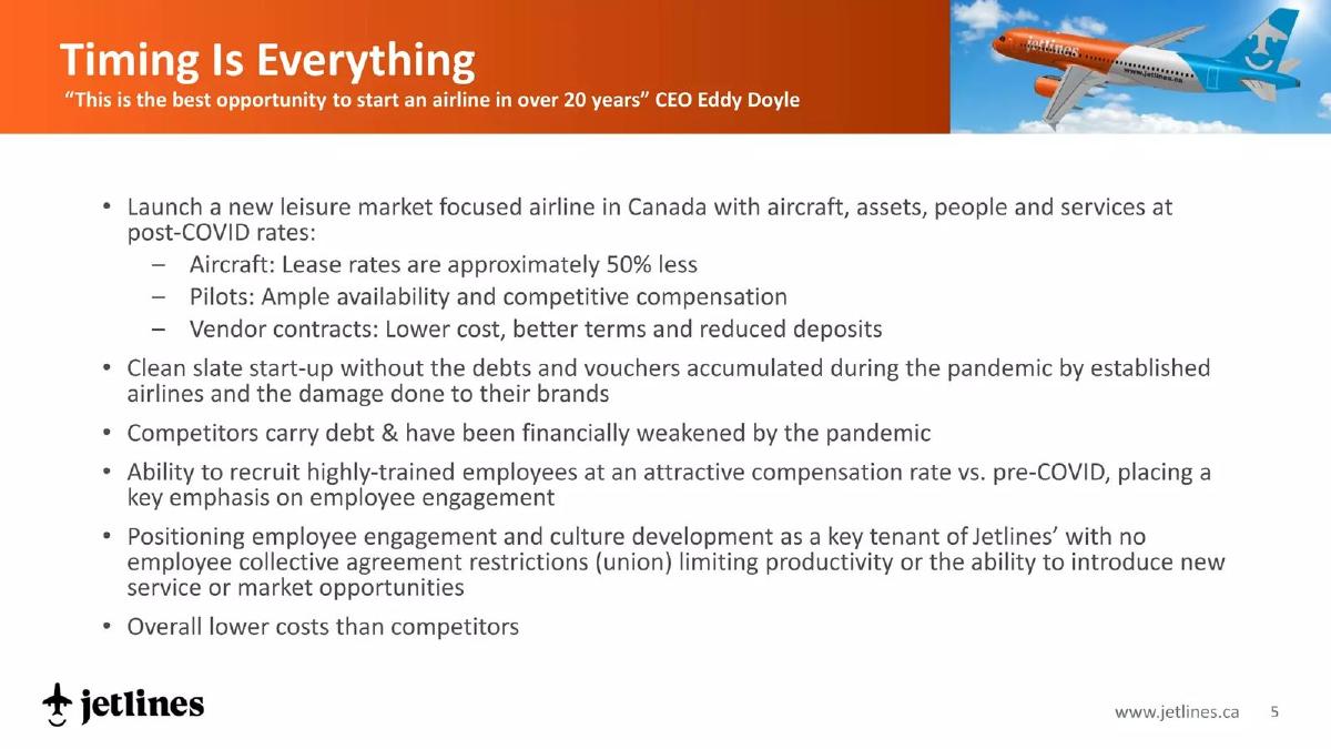 Canada Jetlines pitch deck slide 5 of 21