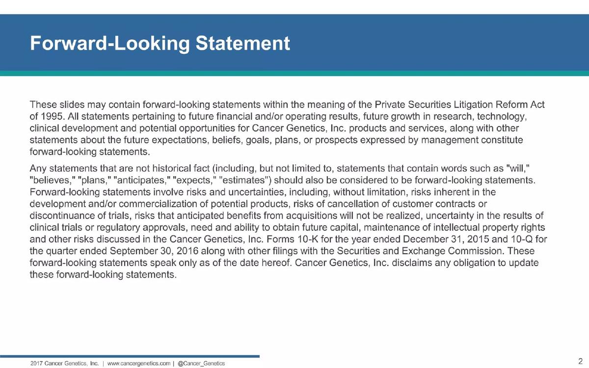 Cancer Genetics, Inc. pitch deck slide 2 of 31
