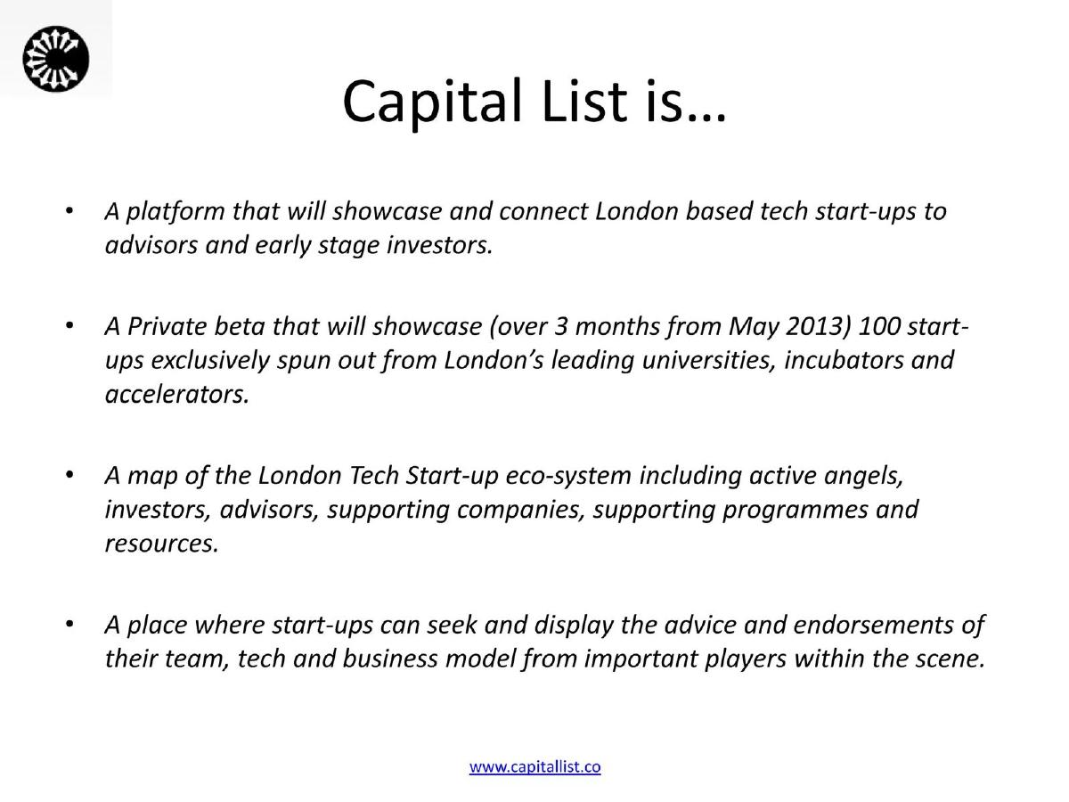 Capital List pitch deck slide 2 of 16