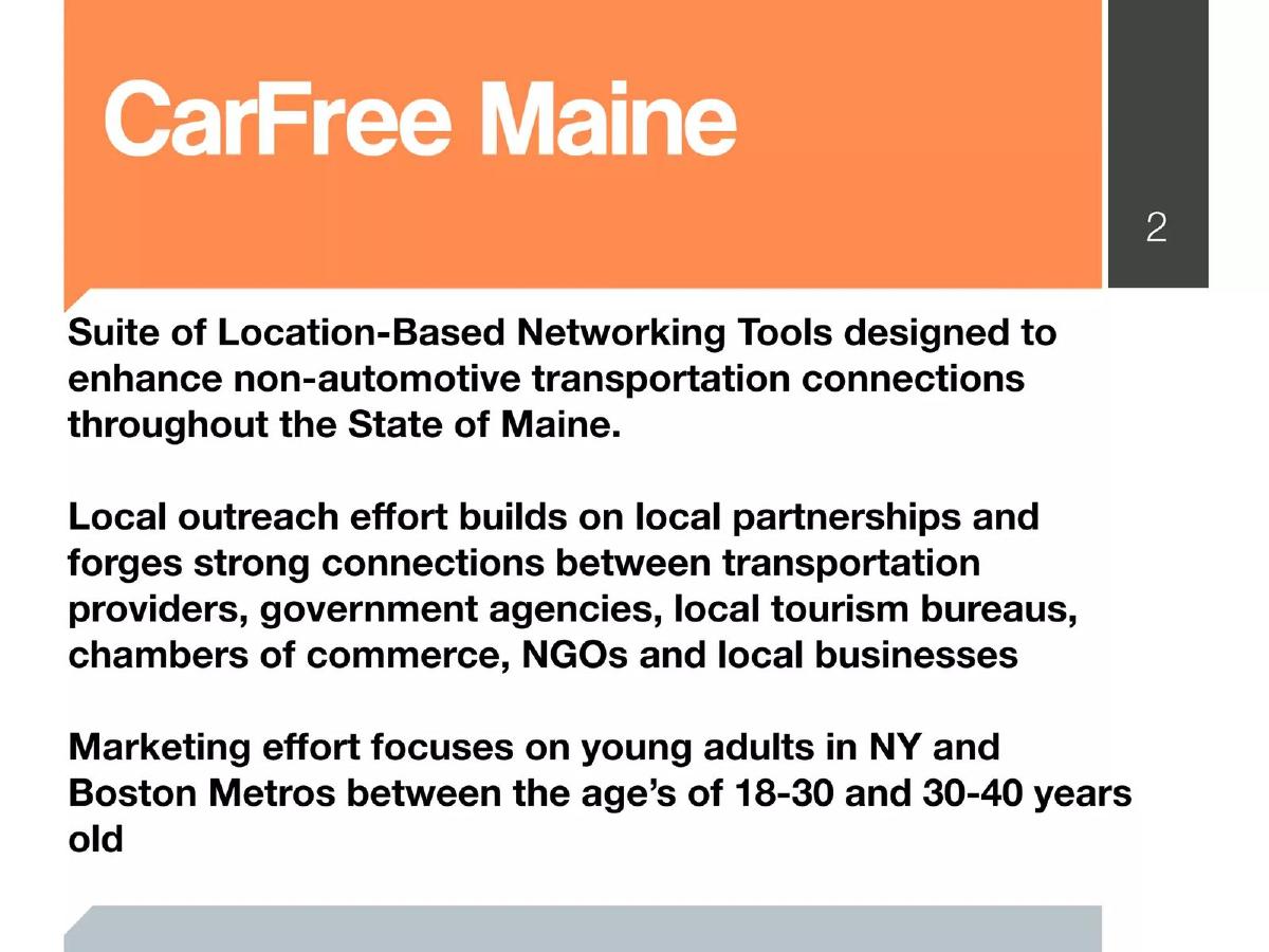 CarFree Maine pitch deck slide 2 of 23