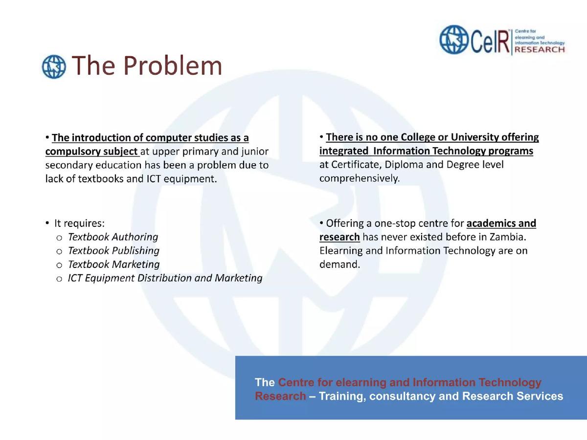 CeIR (Centre for elearning and Information Technology Research) pitch deck slide 3 of 12