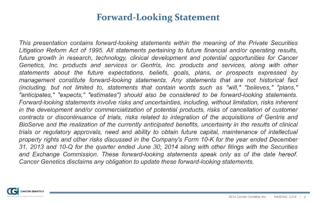 Cancer Genetics (CGIX) pitch deck slide 2 of 36