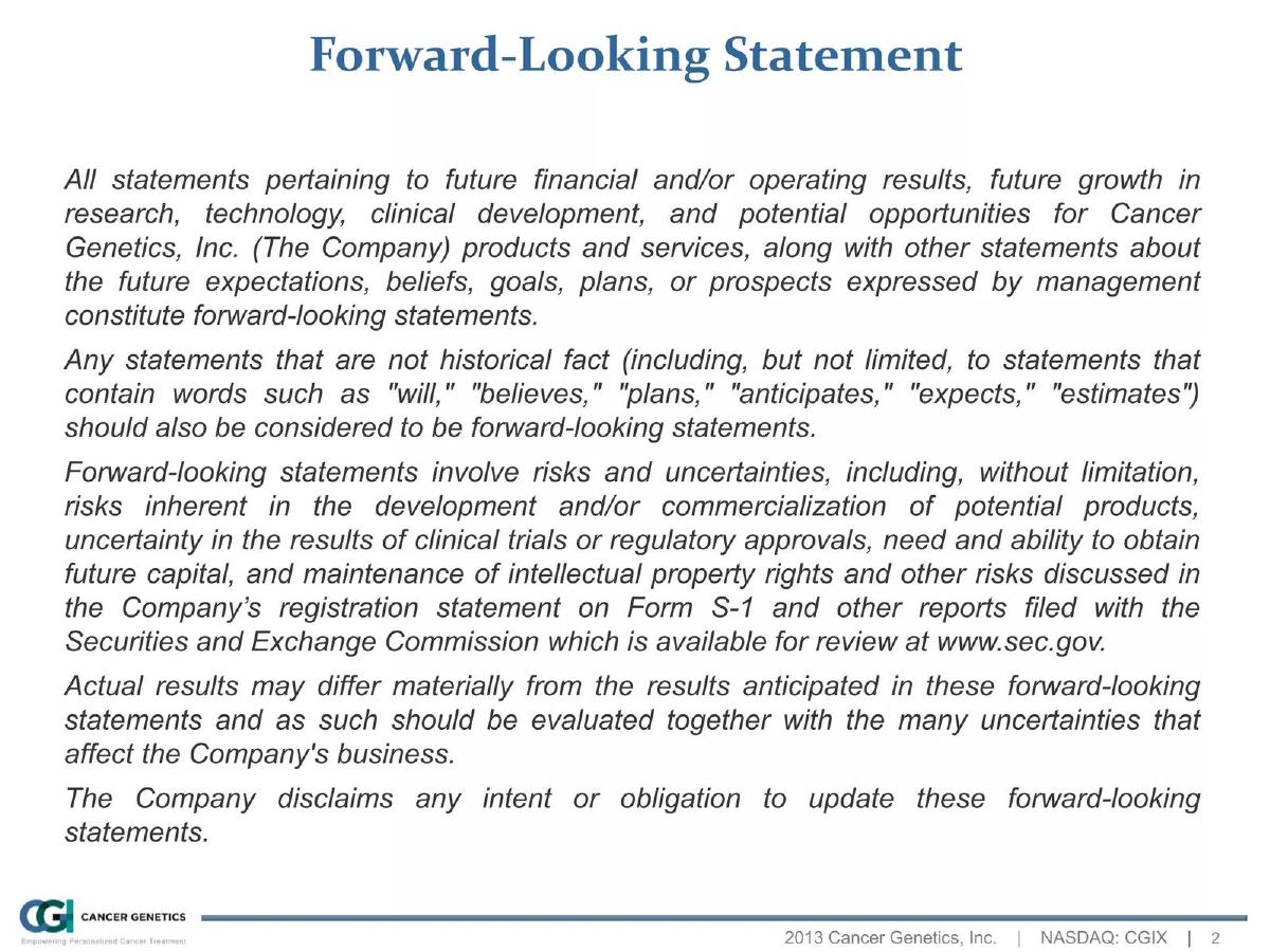 Cancer Genetics Incorporated (CGIX) pitch deck slide 2 of 32