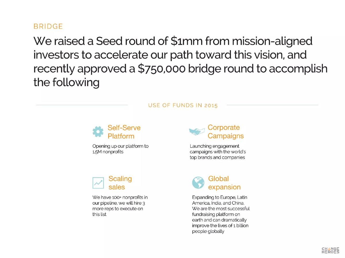 Change Heroes pitch deck Bridge round on the ask slide slide 23