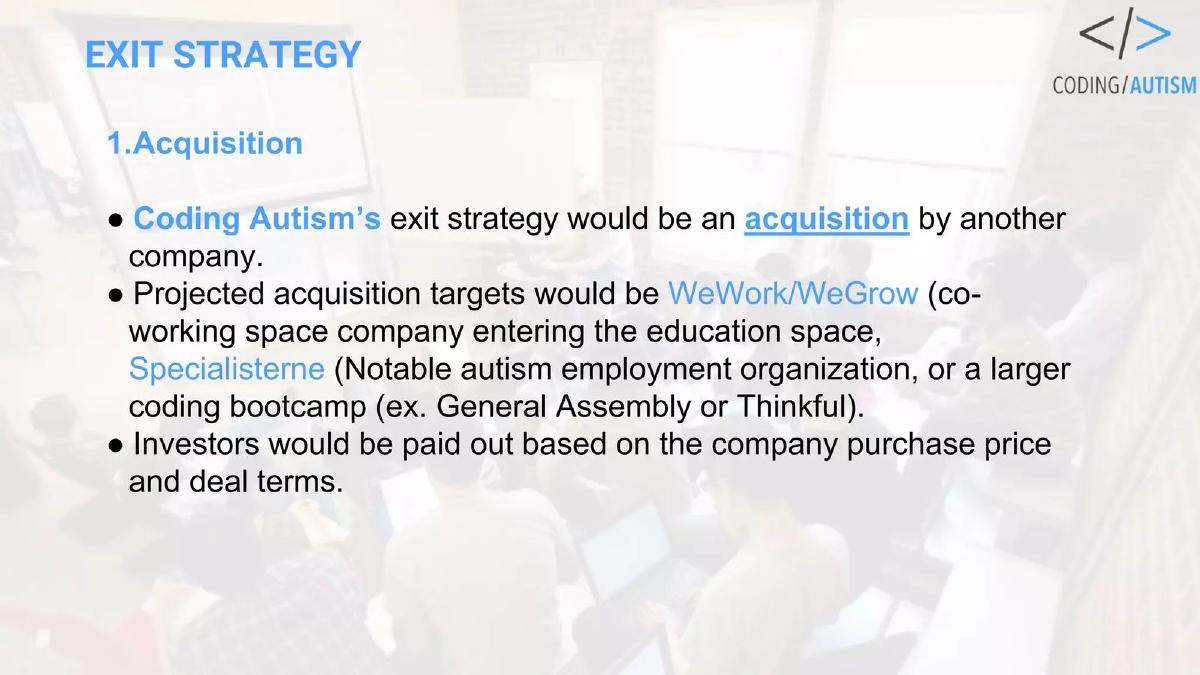 Coding Autism pitch deck exit strategy slide 16
