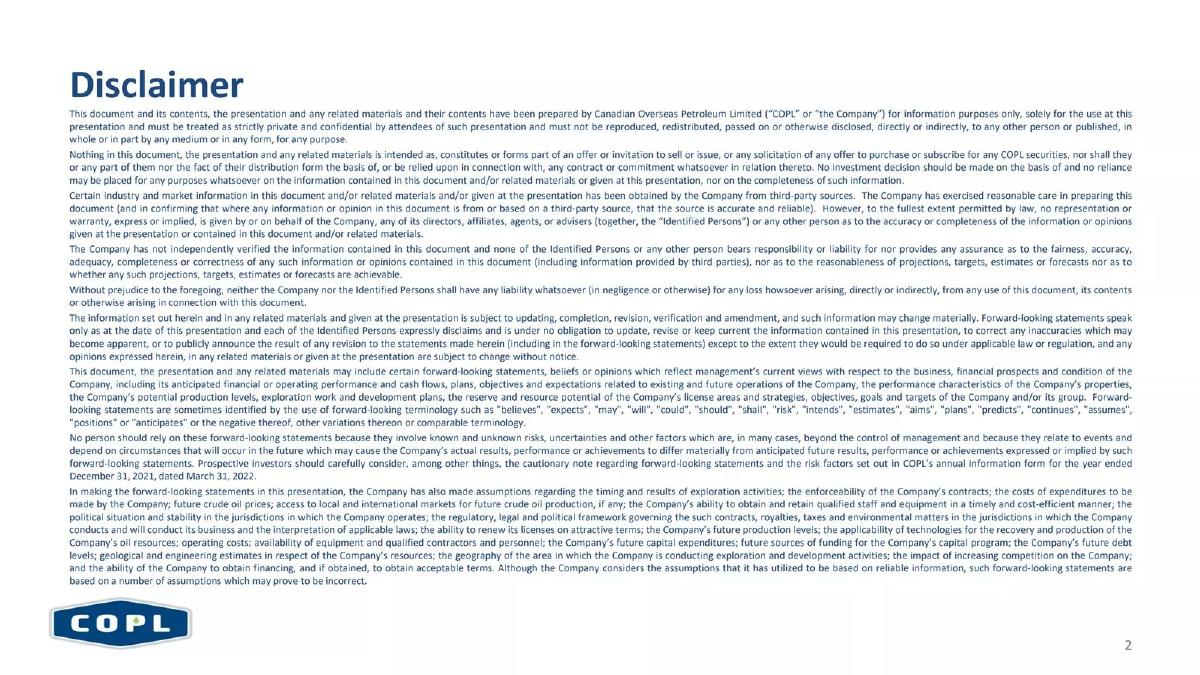 Canadian Overseas Petroleum Limited (COPL) pitch deck slide 2 of 26