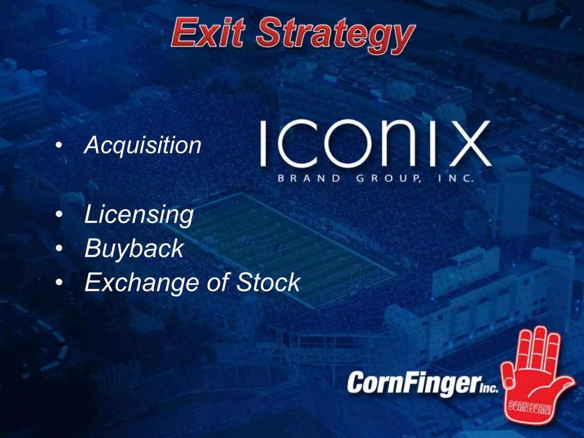 CornFinger pitch deck exit strategy slide 11