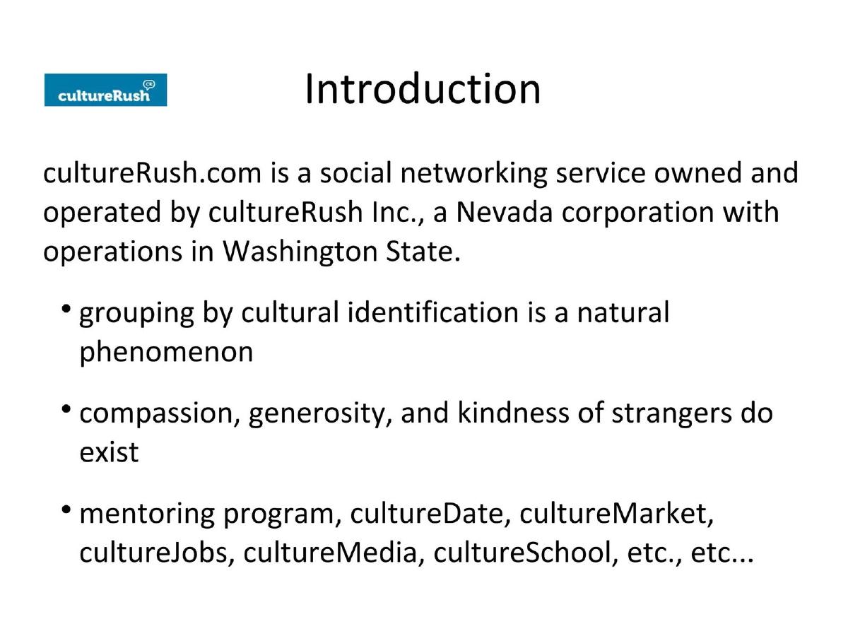 cultureRush pitch deck slide 2 of 13