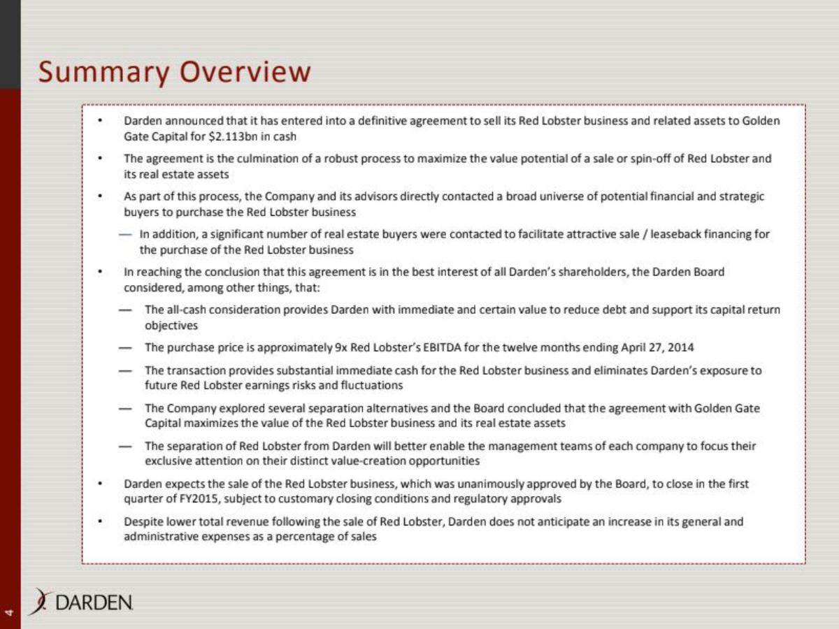Darden Sale of Red Lobster pitch deck slide 4 of 15