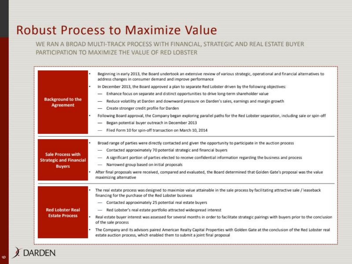 Darden Sale of Red Lobster pitch deck slide 6 of 15