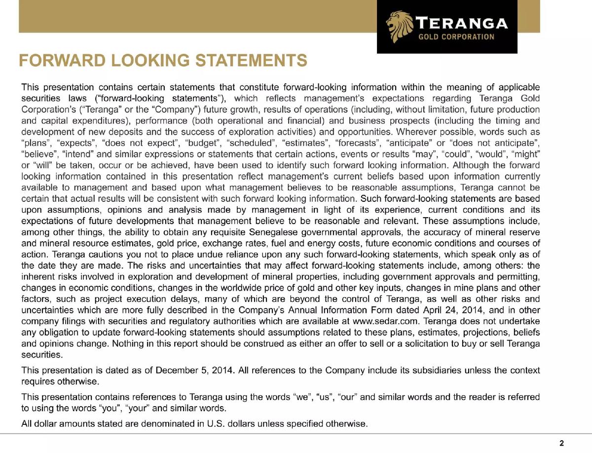 Teranga Gold Corporation pitch deck slide 2 of 47
