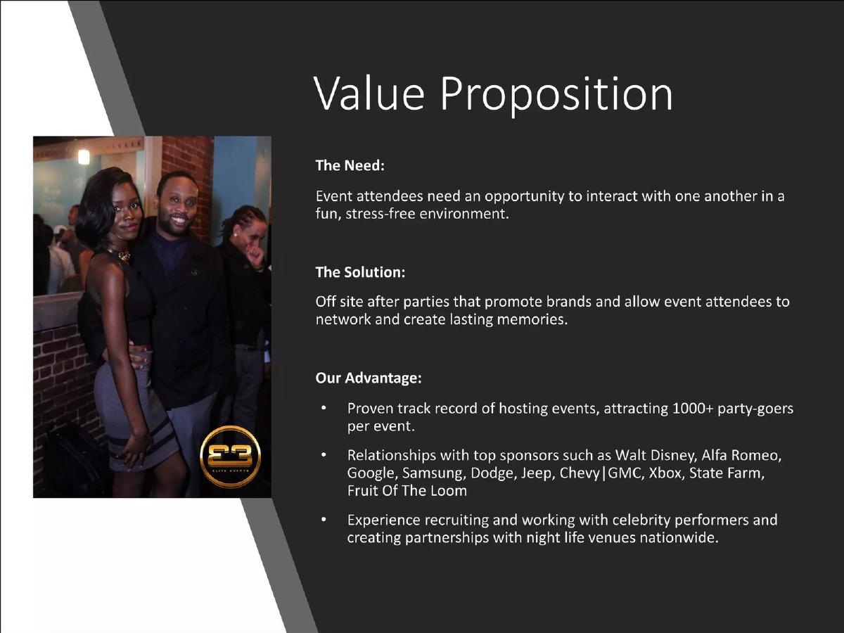 Elite Events pitch deck slide 3 of 7