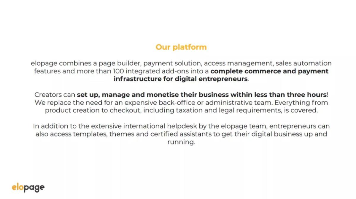 elopage pitch deck slide 3 of 16
