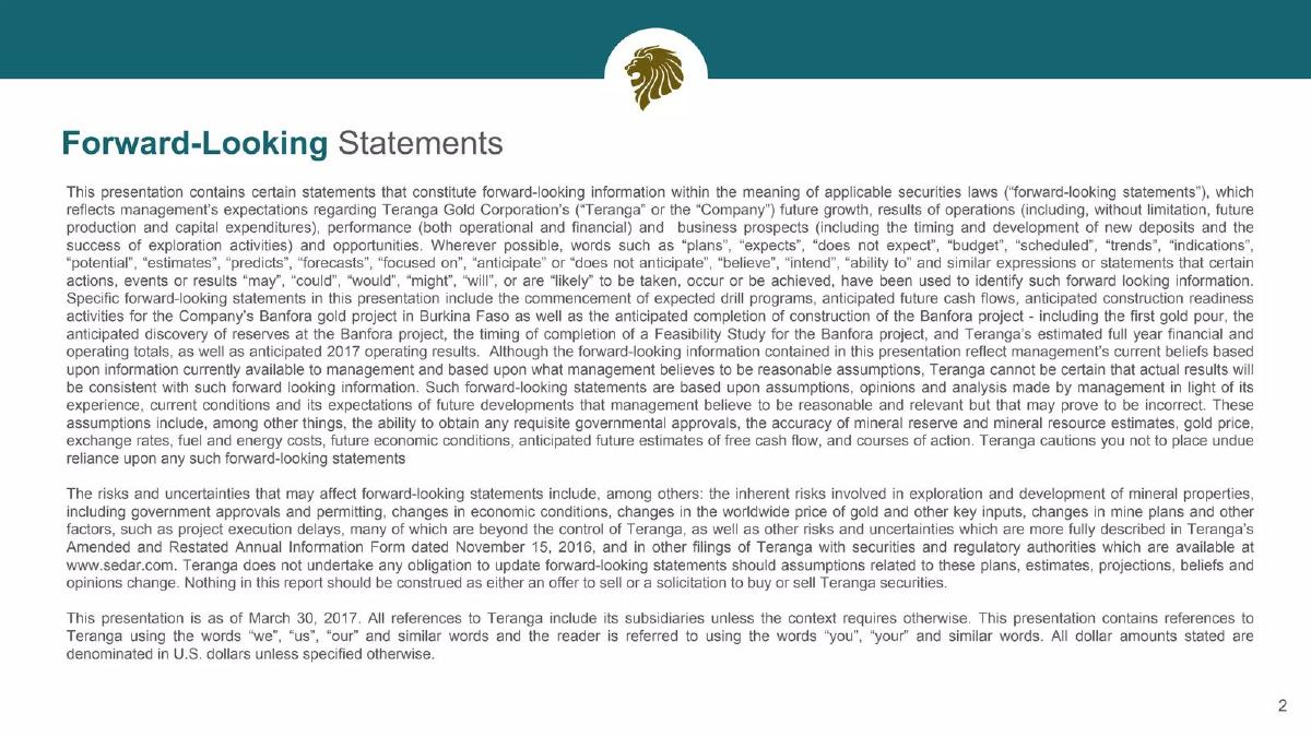 Teranga Gold Corporation pitch deck slide 2 of 36