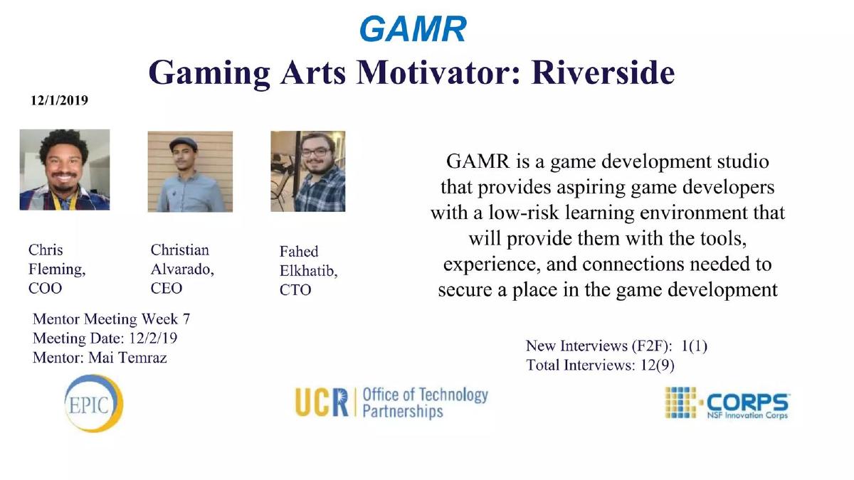 Gaming Arts Motivator: Riverside (GAMR) pitch deck slide 1 of 6