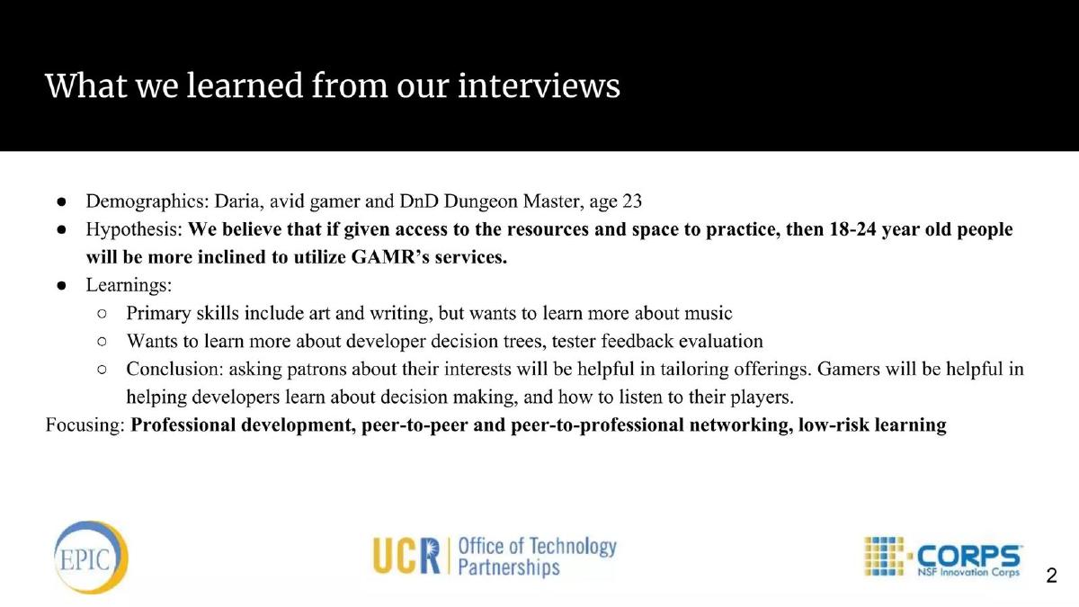Gaming Arts Motivator: Riverside (GAMR) pitch deck slide 2 of 6