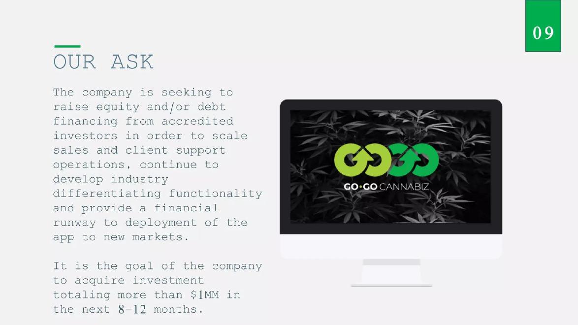 Go-Go Cannabiz pitch deck Debt financing on the ask slide slide 10