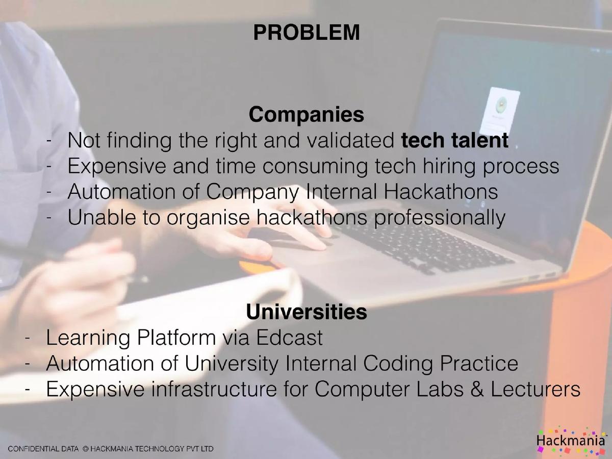 Hackmania pitch deck slide 2 of 12