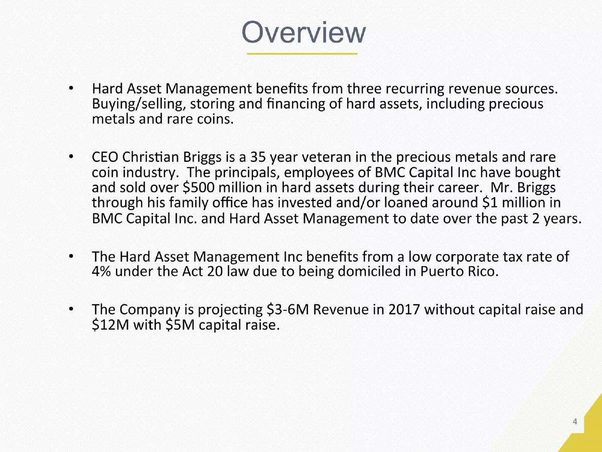 Hard Assets Management BMC pitch deck slide 4 of 18