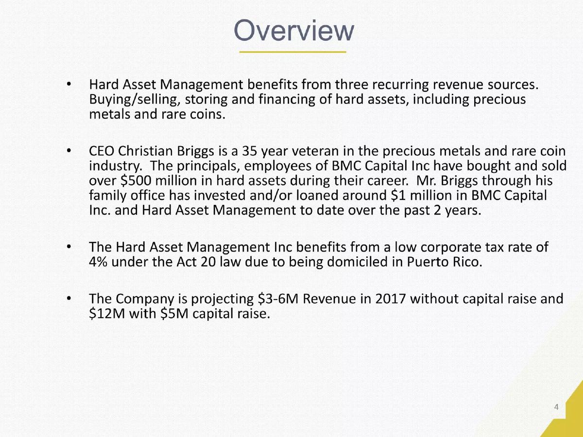 Hard Assets Management, Inc. pitch deck slide 4 of 18