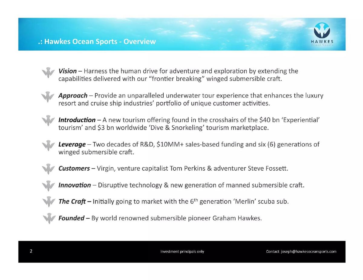 Hawkes Ocean Sports Inc pitch deck slide 2 of 20