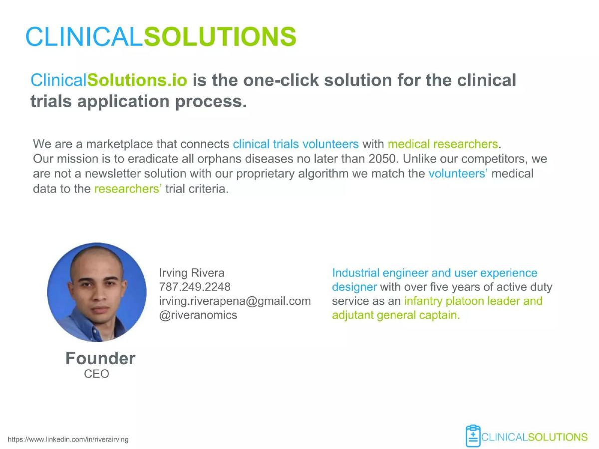 ClinicalSolutions (ClinicalSolutions.io) pitch deck slide 1 of 19