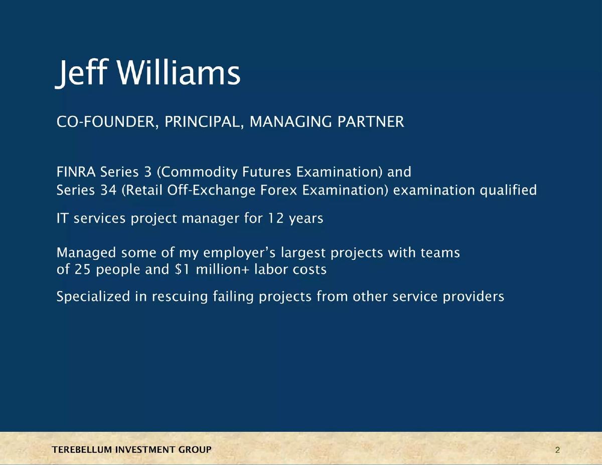 Terebellum Investment Group, LLC pitch deck slide 2 of 49