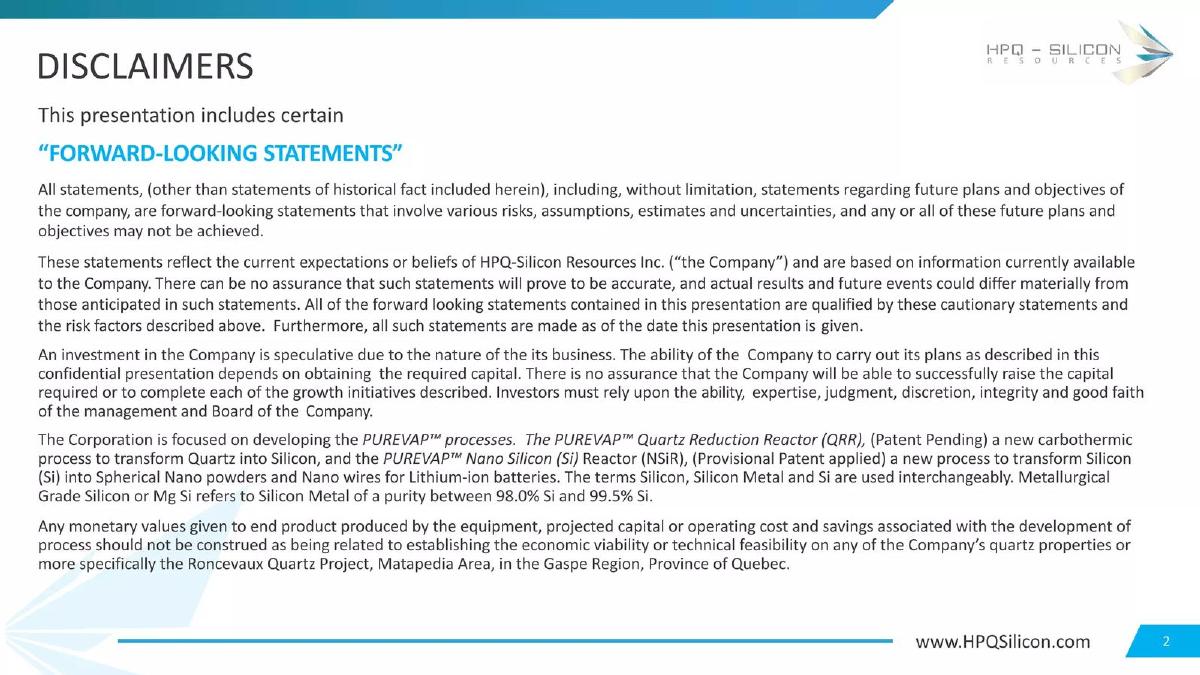 HPQ Silicon Resources pitch deck slide 2 of 30