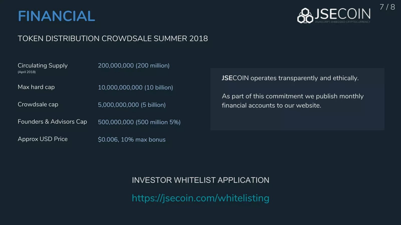 JSEcoin pitch deck Token allocation and vesting slide slide 7