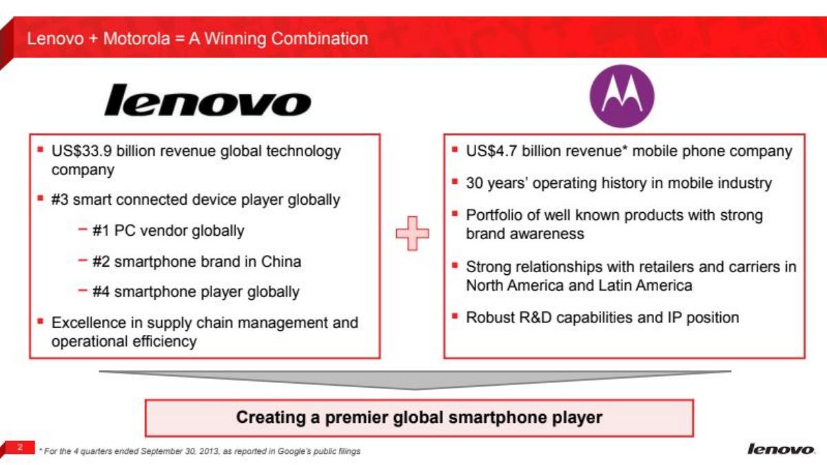 Lenovo × Motorola Acquisition pitch deck slide 2 of 10